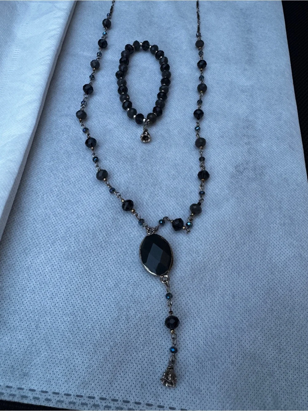 Black Gray Blue Beaded Necklace and Bracelet Set
